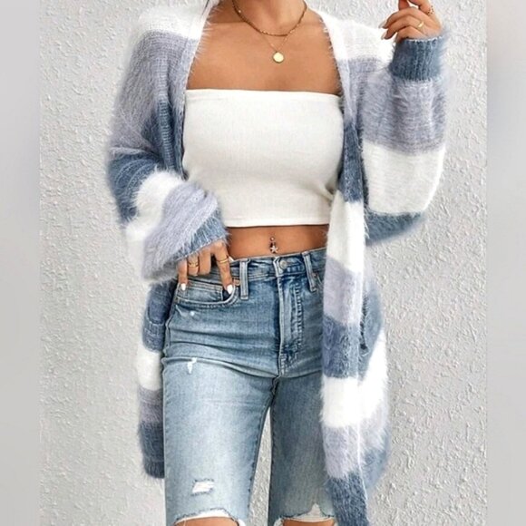 Women's New Chic Striped Fluffy Knit Cardigan Sweater Pockets White Blue - Picture 1 of 7